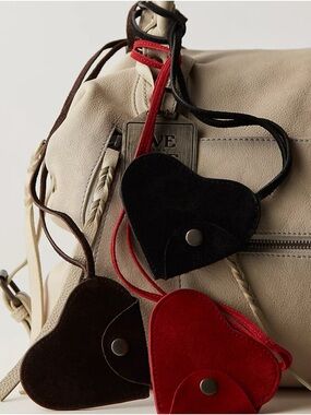Heart-Shaped Suede Bag Charm - Black, Red, Brown